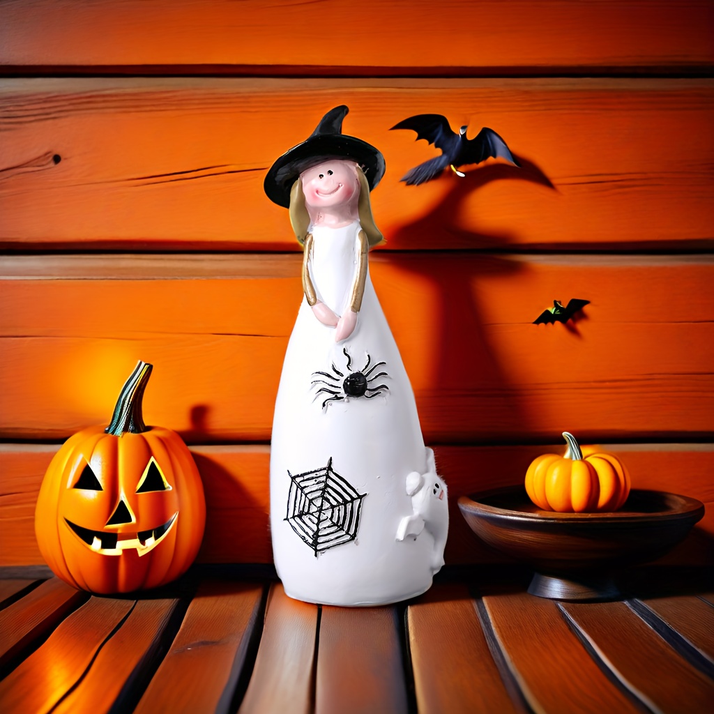 

Halloween Witch Figurine With Pumpkin And Bat Accents - 1pc Resin Witch Statue, Indoor Decorative Craft, No Electricity Needed, Ideal For Various Room Types, Seasonal Halloween Collectible