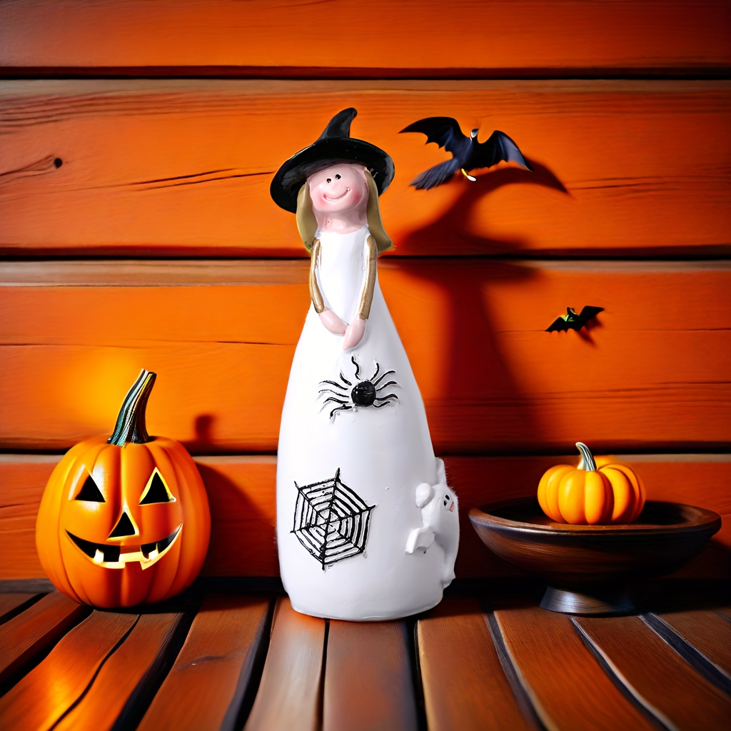 Halloween Witch Figurine With Pumpkin And Bat Accents - 1pc Resin Witch Statue, Indoor Decorative Craft, No Electricity Needed, Ideal For Various Room Types, Seasonal Halloween Collectible