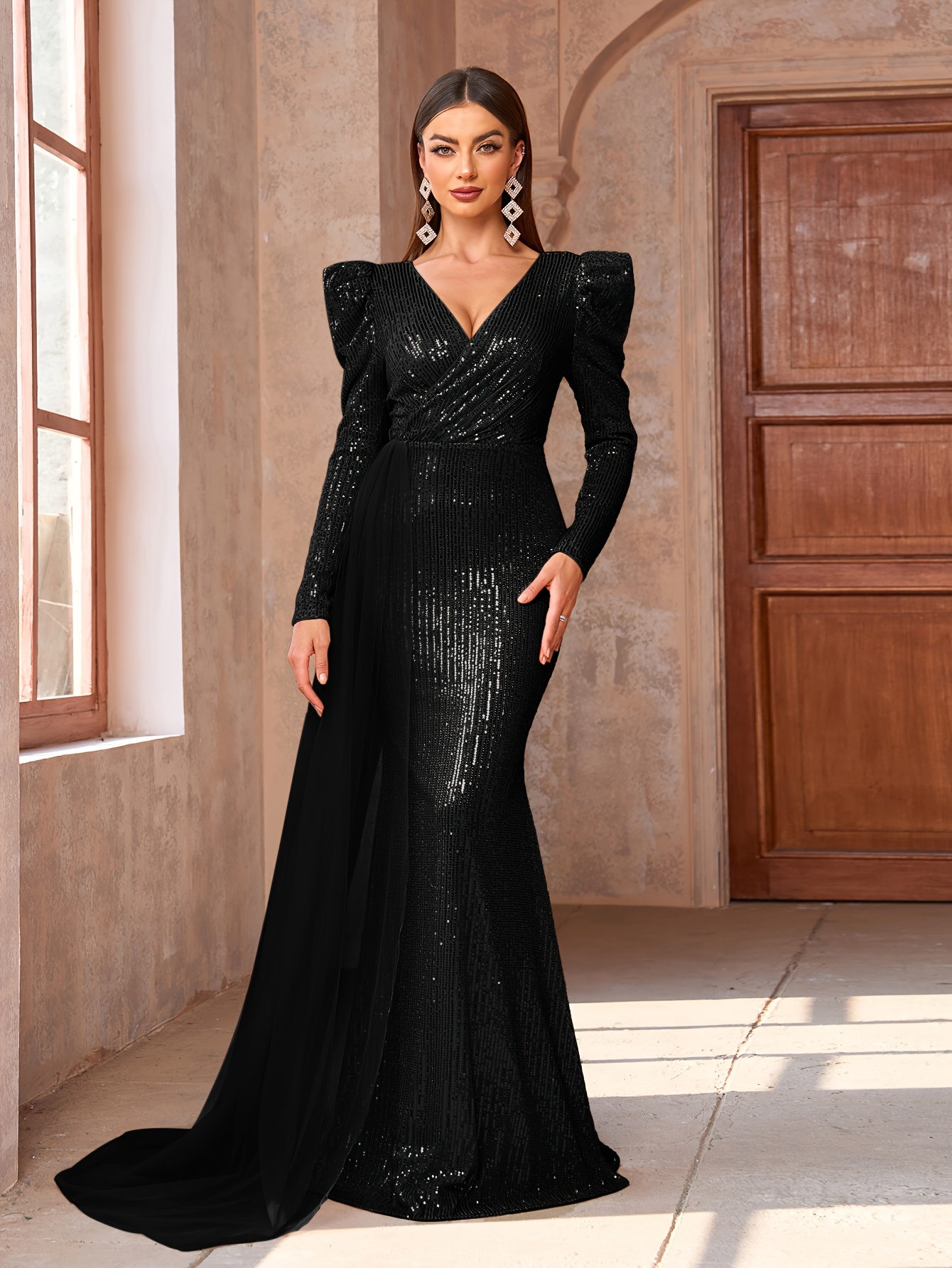 knee length dresses for ladies Long-sleeved V-neck Dress Spring And Autumn New Style Lace Splicing Dr –  Bohochic Store main image 0