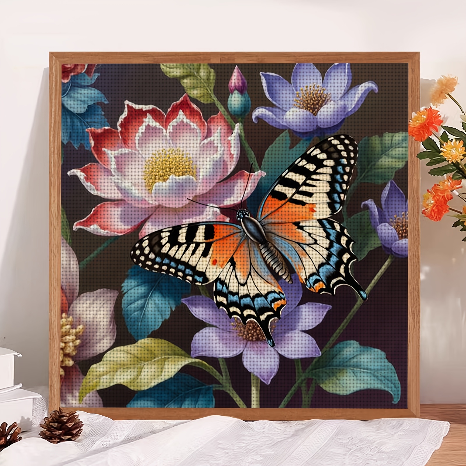 Cross Stitch Kit, Colorful Butterflies Resting on Flowers