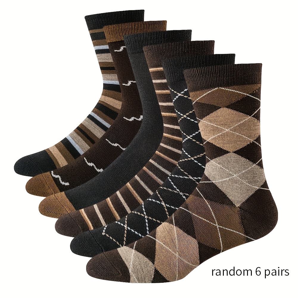 TEMU 6 Pairs Pc Autumn Winter Men's High Tube Diamond Check Jacquard Embroidery Business White Collar Sweat-absorbing Socks Mid-calf Socks Vintage