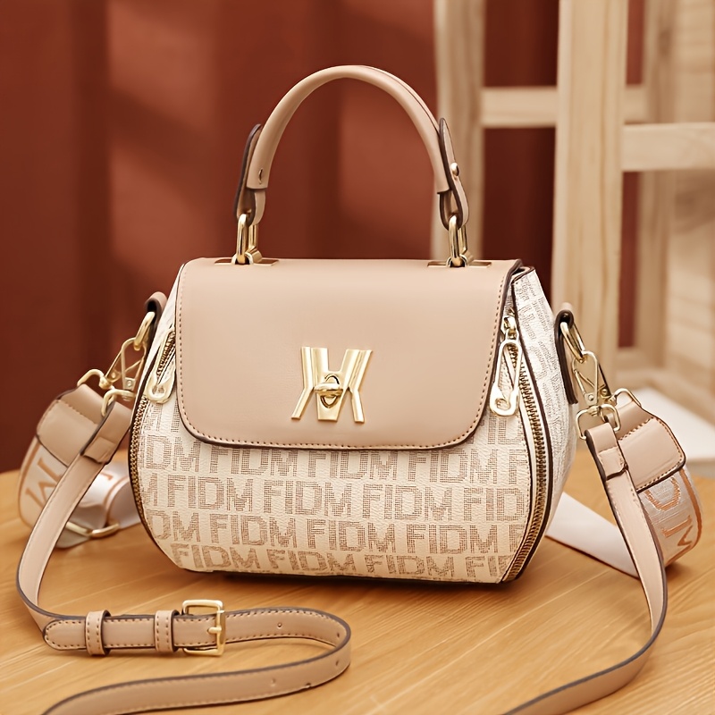 item picture vintage letter print shoulder bag classic contrast color shoulder and handbag synthetic leather material with   adjustable shoulder strap zipper closure polyester lining paint detailing suitable for   stylish new