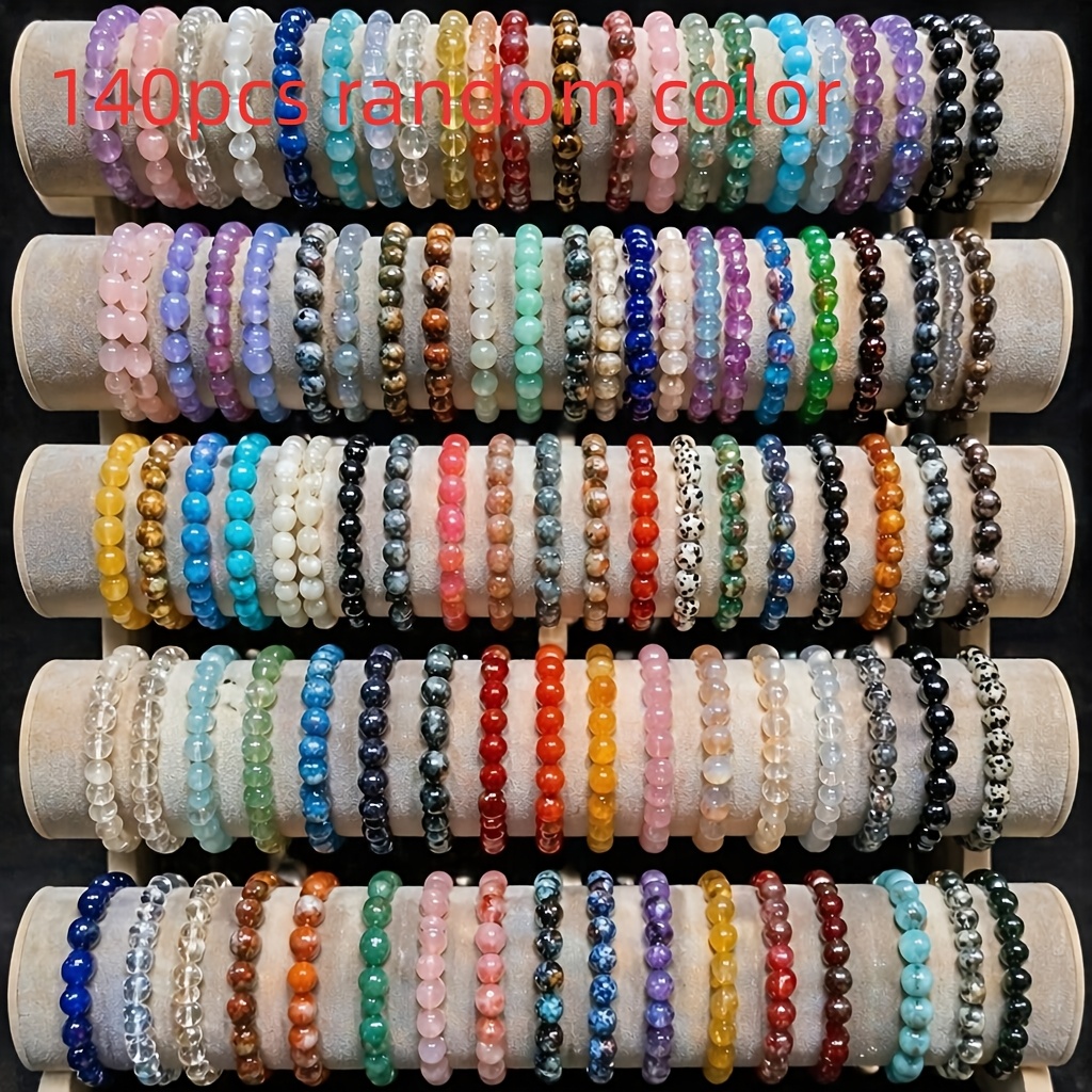 TEMU 140pcs Random Color 8mm Bohemian Glass Bead Bracelet Set, Multi-piece Stackable Bracelets, -garde Style Unisex Wrist Jewelry, Daily Casual Party
