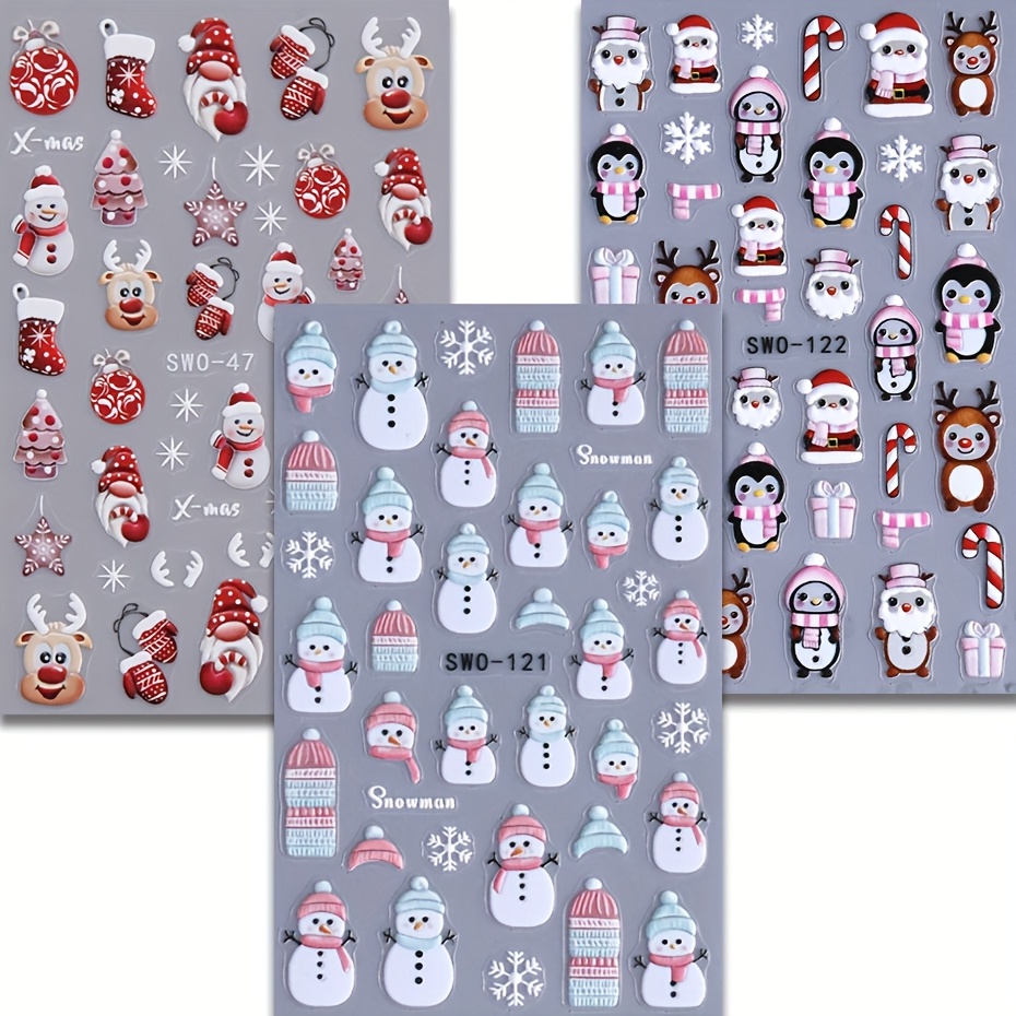 Image of 3pcs Embossed Santa Claus Cane Nail Art Stickers 5d Cute Snowman Penguin Elk Decals Snowflake Lamp Ball Sliders Christmas Day Manicure