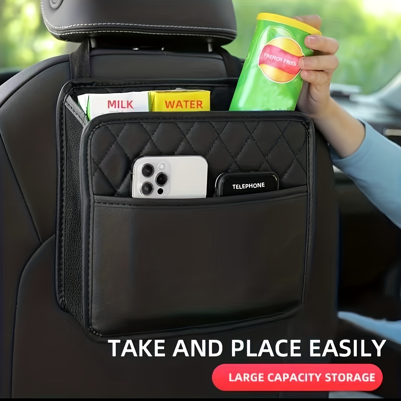 TEMU Premium Synthetic Pu Leather Car Seat Storage Bag - Universal For All Car Models - Keep Your Car Clean And Organized