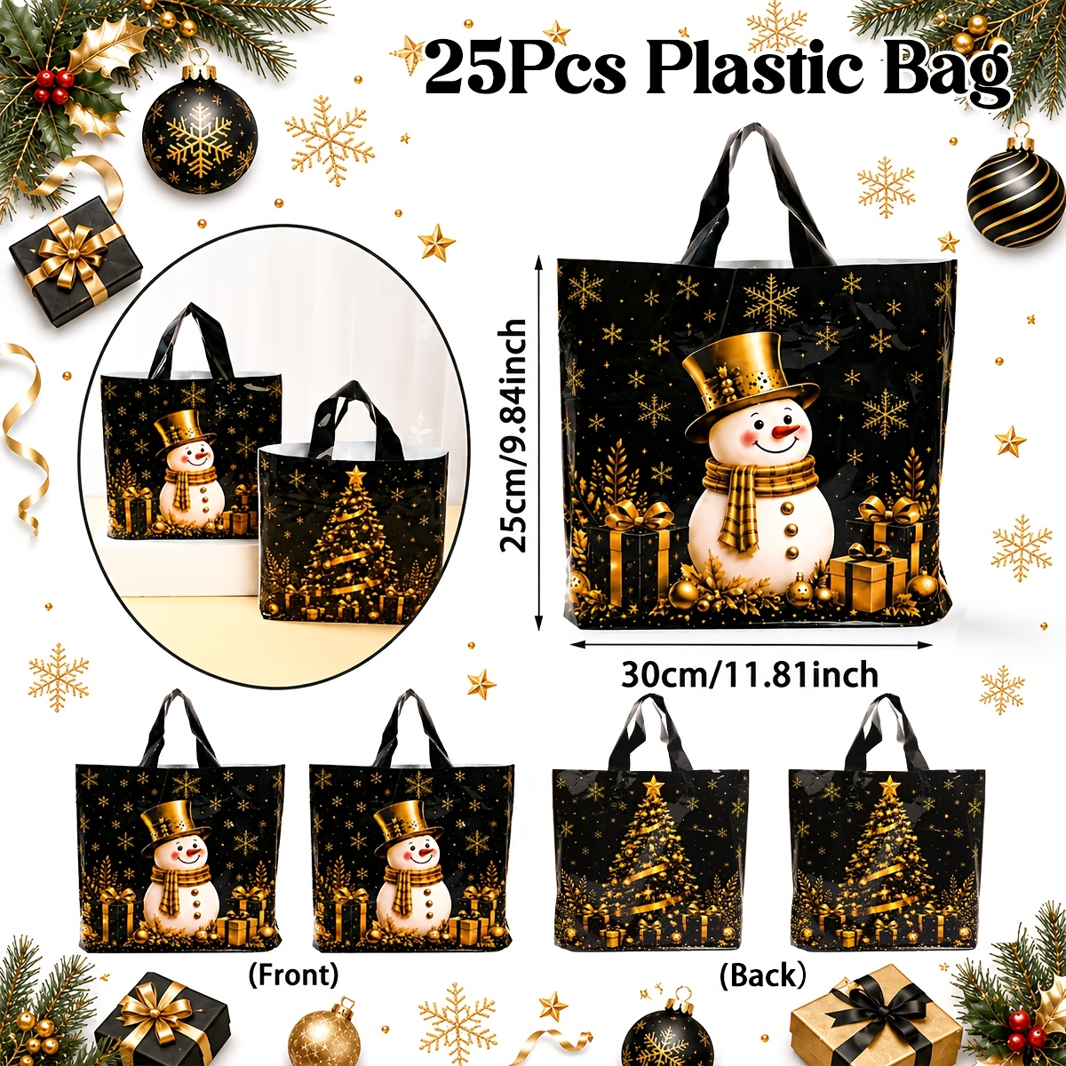 TEMU Lot de 5/10/25 sacs cadeaux faces à thème de Noël, sacs cadeaux à motif de sapin de Noël et de de neige noir et doré, fournitures pour le Nouvel