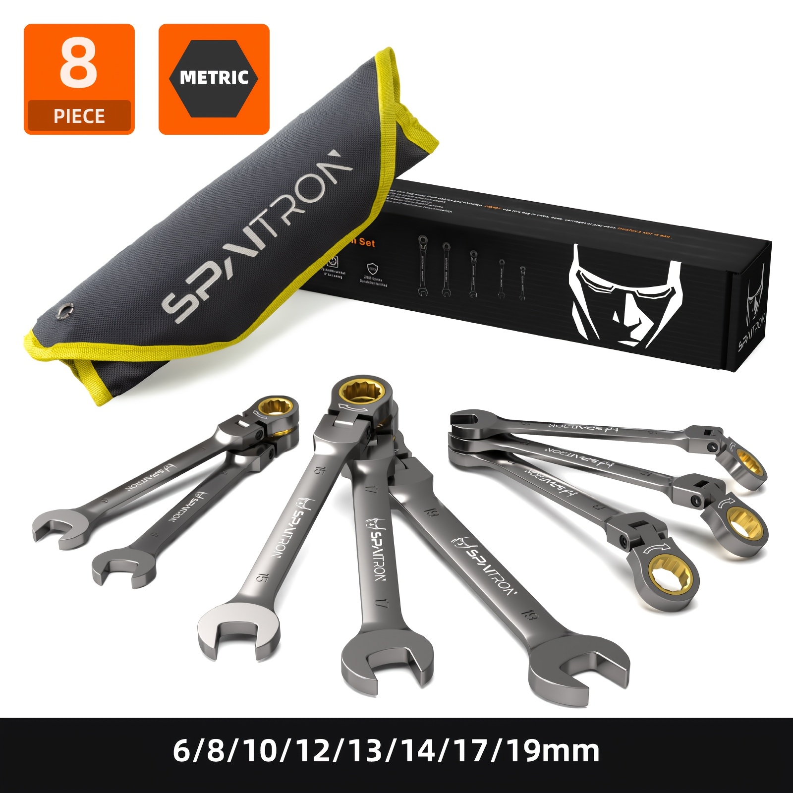 TEMU Spaitron 8pcs Flex-head Ratchet Wrench Set 6-19mm - 180 Degree Rotating, 72- -plated Spanner With Storage Pouch For Car And Home - Ideal Gift