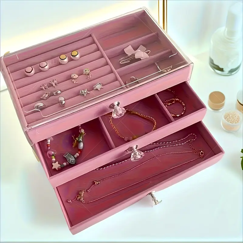 large capacity jewelry organizer box with transparent lid - elegant beige/white/gray/black/ - watch, bracelet, earring, necklace storage - durable plastic construction - for home, salon, boutique - jewelry display case - easy- - modern - organizer drawer - jewelry storage box, jewelry box, , contemporary style, fabriclined interior, home organizers, , sturdy construction, fashion Product details 6