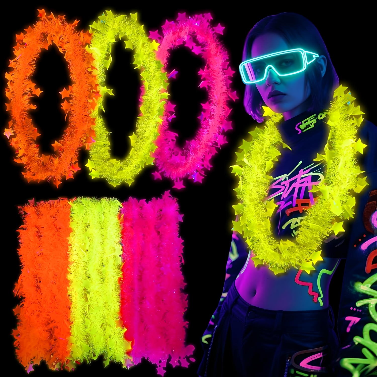 E-shop 6 Stk. im Dunkeln leuchtende Party-Halsketten, im Dunkeln leuchtendes Partyzubehör, Neon-fluoreszierende Schwarzlicht-Halsketten als