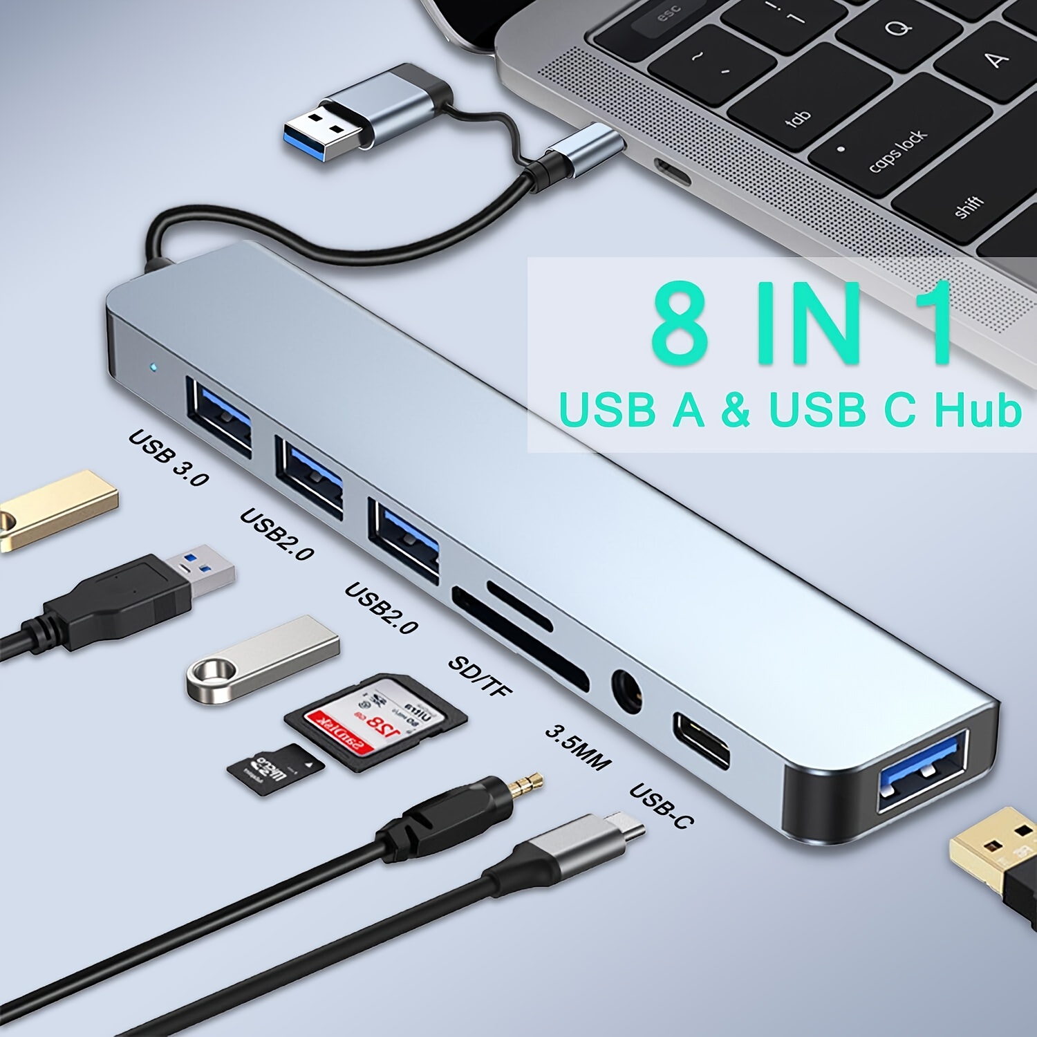 

Aluminum Usb C Dual Head Usb 3.0, Audio Jack Supports Headphones Usb Splitter With 1 X Usb 3.0, 3 X Usb 2.0 X Usb C, Sd/tf Card Reader, 3.5mm Auxiliary For Macbook And More Pc/laptop/tablet Devices