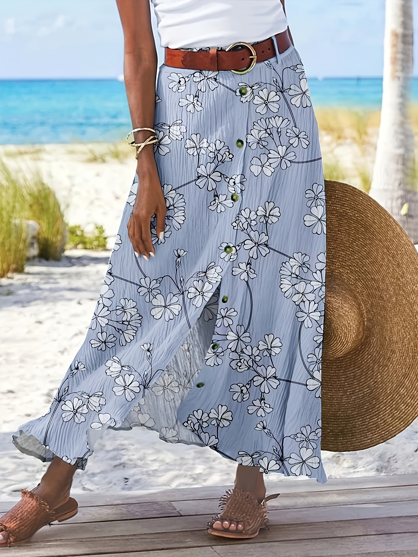 womens floral print maxi skirt light blue white daisy design - Main Image