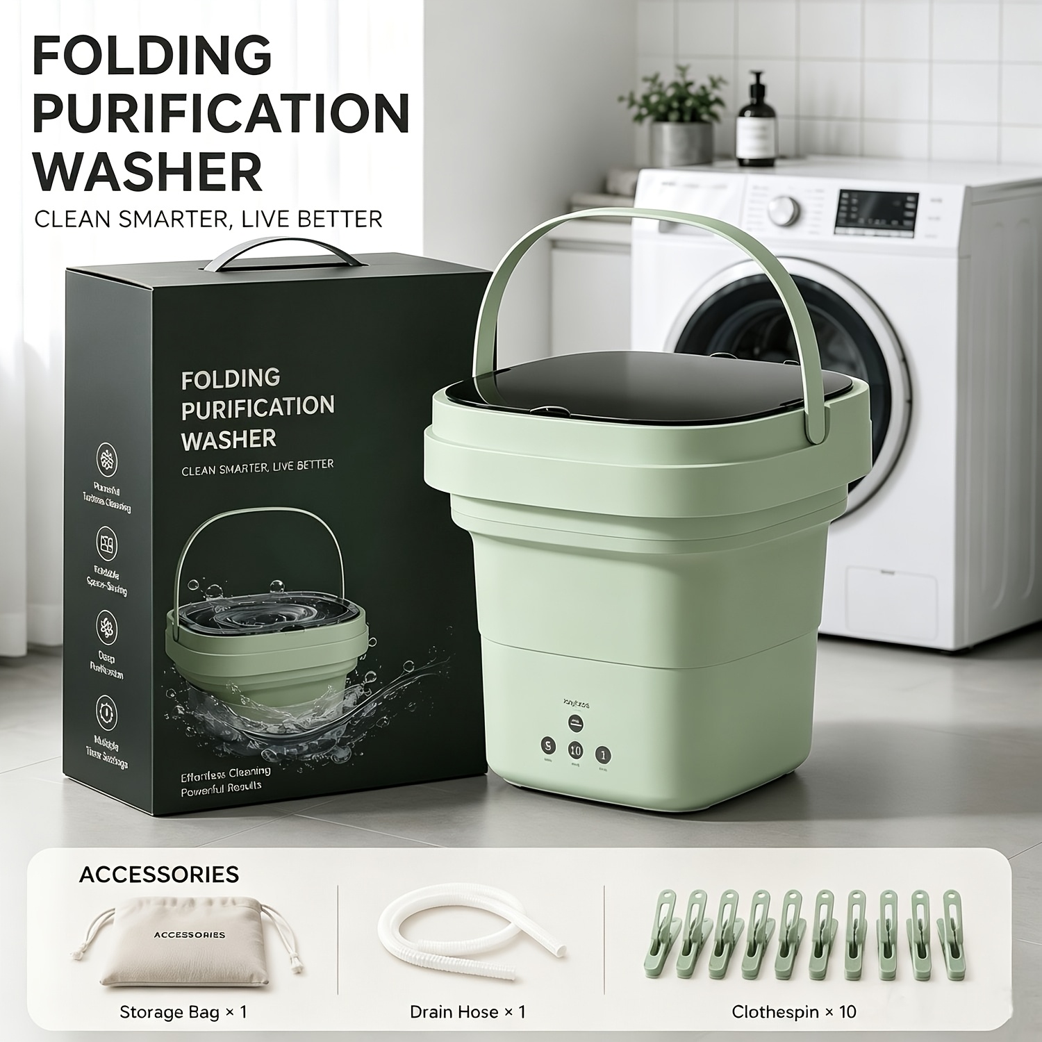 TEMU Foldable Washing Machine 2.5 Gal High Capacity Mini Washer With 3 Deep Cleaning Half Automatic Washt, Foldable Washing Machine With Dry For Socks, Clothes, Towels, Delicate Items