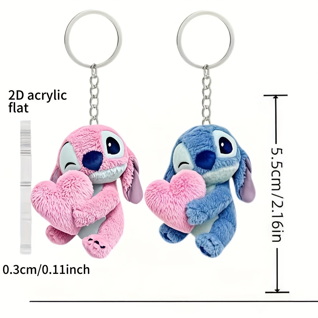 E-shop 2D Flat Design, 2 Stück 2D Flat Stitch Schlüsselanhänger (Blau & Pink) - Stitch hält ein Herz, Süßes , Praktische & Modische Schlüsselanhänger,