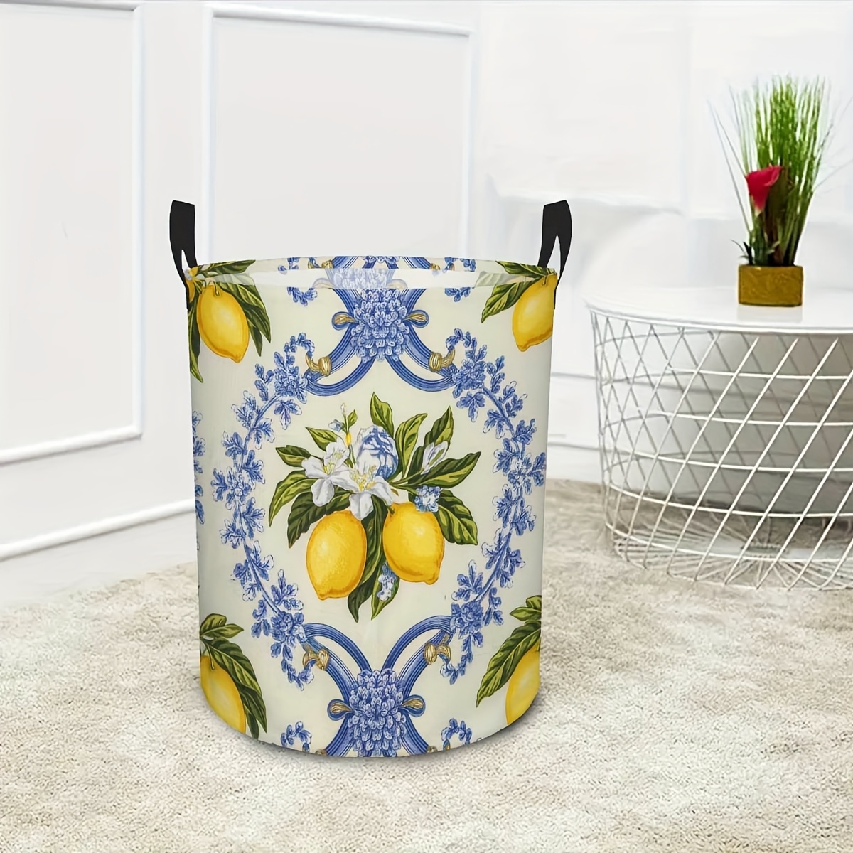 E-shop 1 Stück Bauernhaus-Stil Zitronen-Blumenmuster Wäschekorb - Langlebiger Polyester Rundkorb mit robusten Griffen für Schlafzimmer, Wohnzimmer,