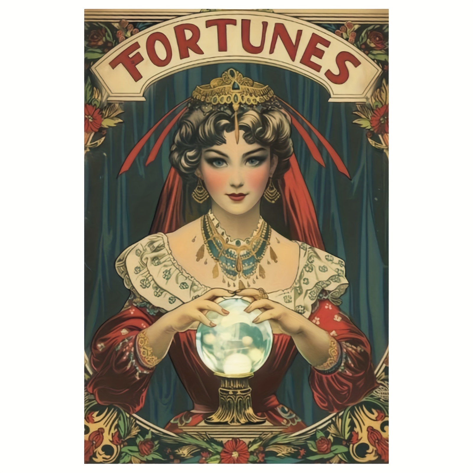 TEMU 2d Flat, 2d Flat,[2d Flat] 1pc Vintage Fortune Teller & Crystal Ball Canvas Wall Art - 30.48x45.72cm, Rich Colorful Design With Ornate Jewelry &