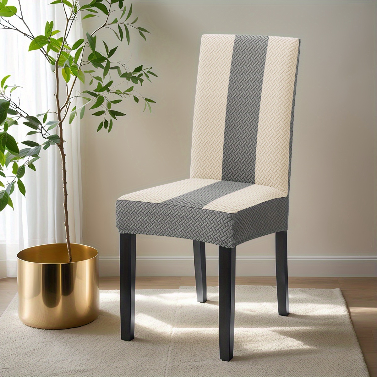 TEMU 1 pièce Housse de chaise extensible en jacquard à rayures et à carreaux avec blocs de couleur, convient pour la décoration de chaise de salon et