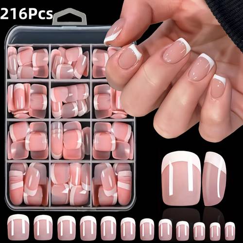 216pcs short square french tip press on nails set pink and white french nail set 12 size durable wearable nails easy and versatile style suitable for women reusable nails