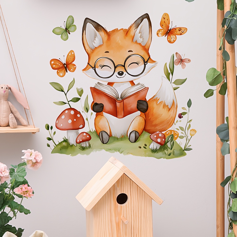 1pc Adorable Reading Fox Wall Decals, Decor Mushroom Removable Waterproof Sticker