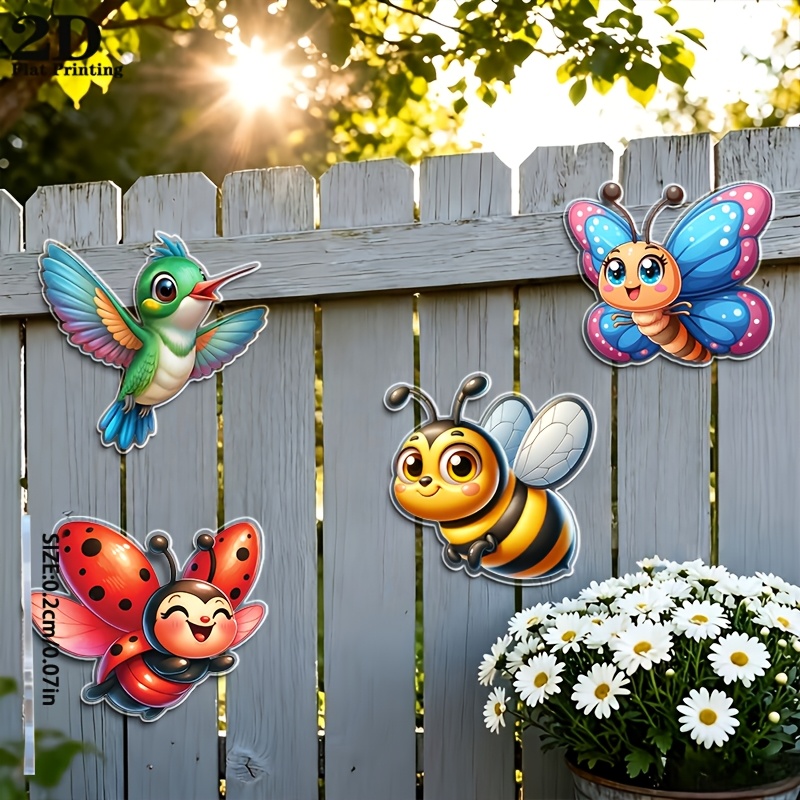 TEMU Plat 2D, [Plat 2D] Lot de 4 décorations murales bohèmes insectes et - Panneau plat 2D adapté pour patio, clôture, suspension de jardin -