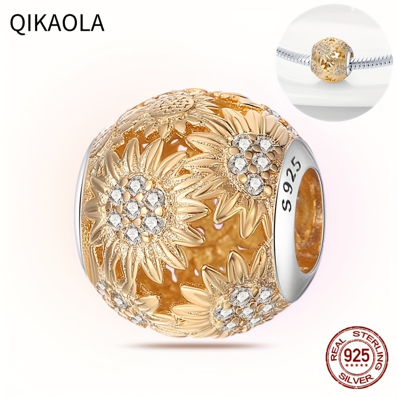 

100% 925 Sterling Silver Golden Sunflower Charm Bead - Perfect For Diy Jewelry Making!