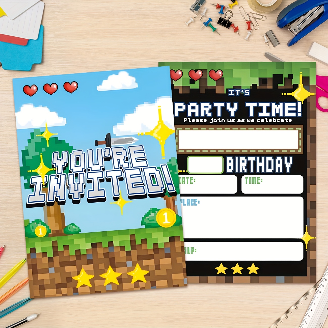 TEMU 20pcs Invitations Party Favors Pixel Theme Bday Party Decorations Video Game Party Decoration Invitations Double Sided Video Game Invitations