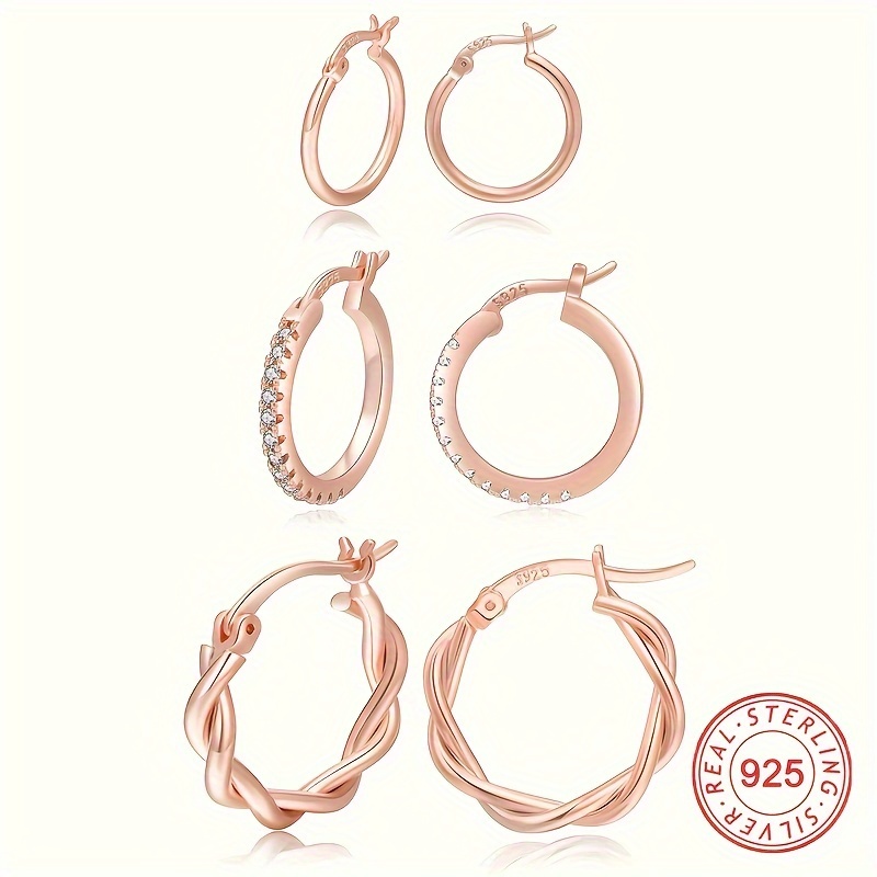 

3pairs Rose Golden Hoop Earrings, 925 Sterling Silver Ear Jewelry, Hypoallergenic Lightweight Earrings, Perfect Gift For Family And Friends