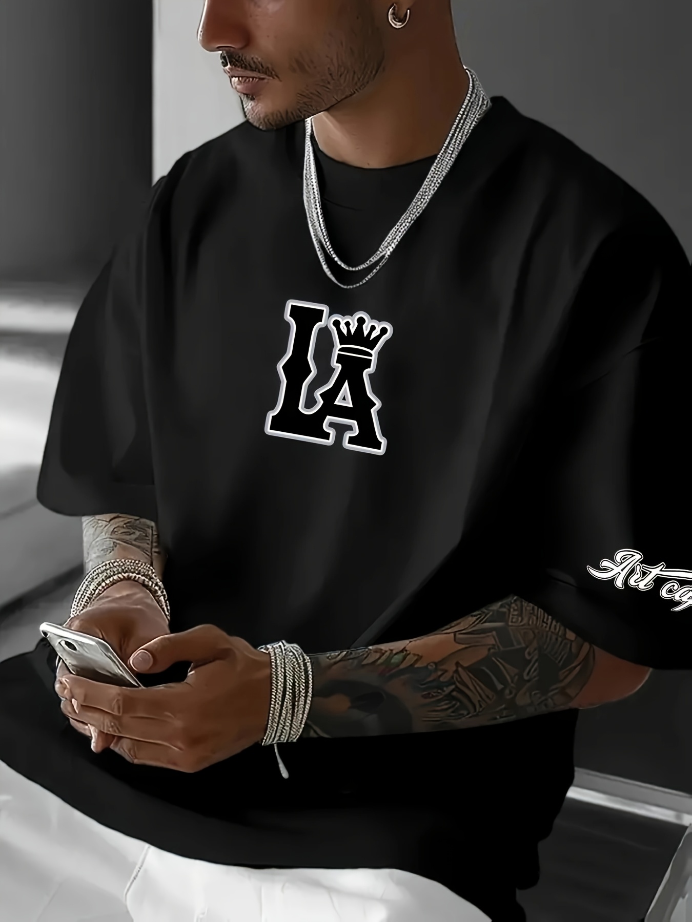 Men's Plus Size Los Angeles Graphic Print T-Shirt - 3D Crown Design, Stretch Polyester-Spandex Blend, Lightweight 150gsm, Machine Washable Casual Streetwear Tee, Sporty Tshirt | Urban Fashion | Smooth Texture Shirt, PLUS SIZE