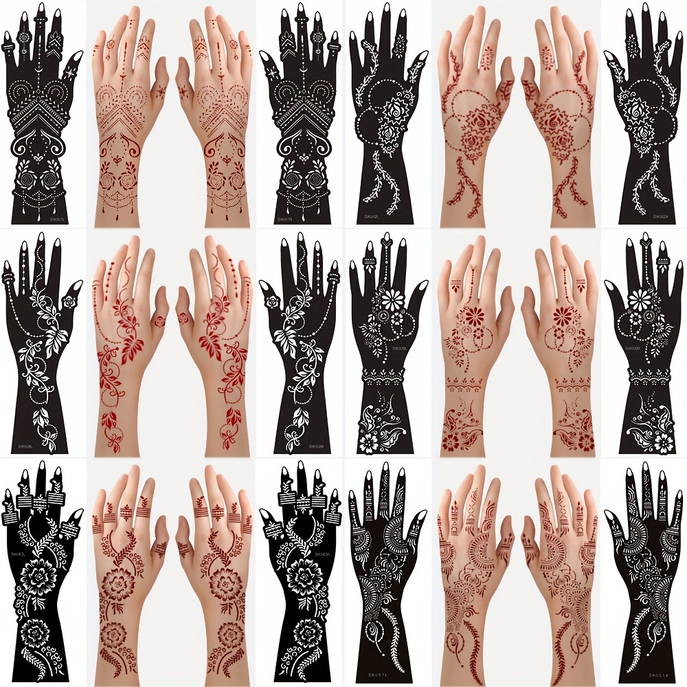 

12 Sheets Henna Tattoo Stencil Stickers, Reusable Henna Tattoo Templates Glitter Painting Color Painting Hollow Stickers For Hand Forearm Tattoo