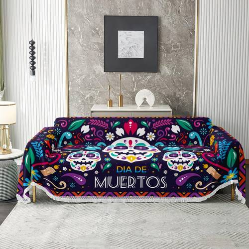 1pc themed artistic skull design sofa throw party decoration with tassels pet friendly suitable for outdoor camping home party decor for single double triple and sectional sofas gift