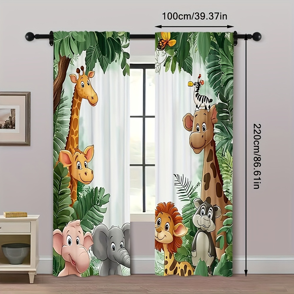 TEMU 2pcs Cartoon Zoo Theme Curtains - Vibrant Polyester Fabric With Giraffe, Elephant & Lion Designs, Light-filtering, Rod Pocket For Easy Hanging,