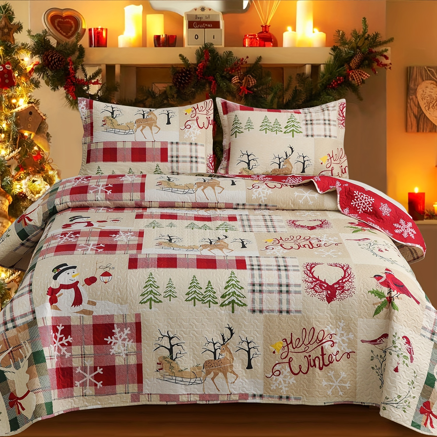 Temu – TEMU 3 Piece Christmas Quilt Set Holiday Bedding, Christmas Bedding, Xmas Christmas Gift Quilt Lightweight Reversible Microfiber Bedspread Coverlet