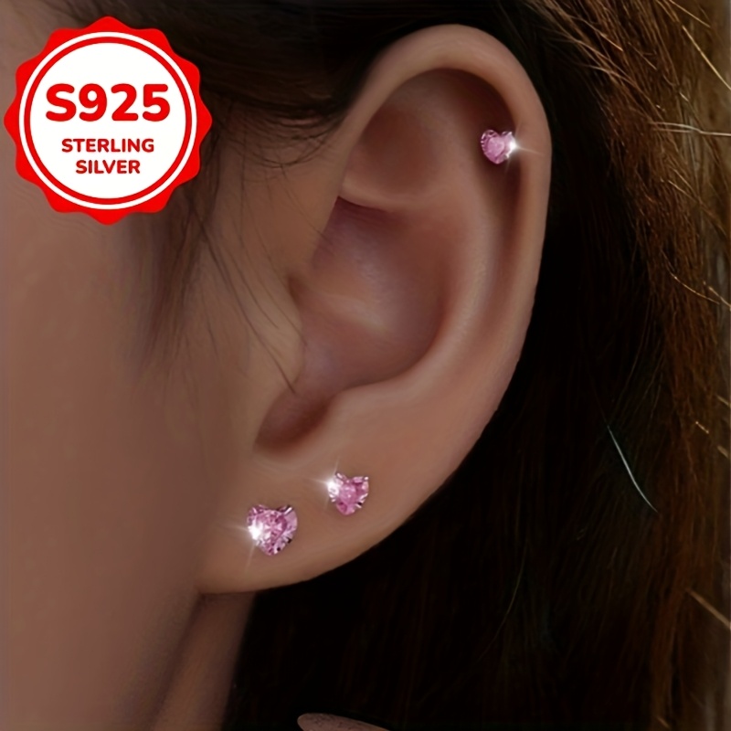 Women's Pink Heart Stud Earrings in S925 Silver