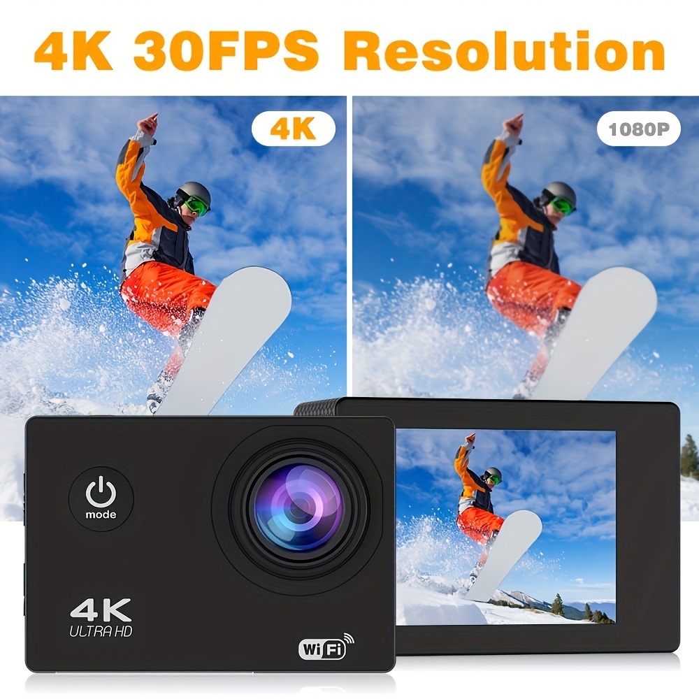 4k outdoor sports camera video resolution up to 4k30fps photo resolution 16mp 2 0 inch lcd screen with wifi 1574 8 inch 170 degree fisheye wide angle lens 900mah battery support loop recording suitable for diving cycling extreme sports such as hiking and surfing helmet camera pet camera sports camera