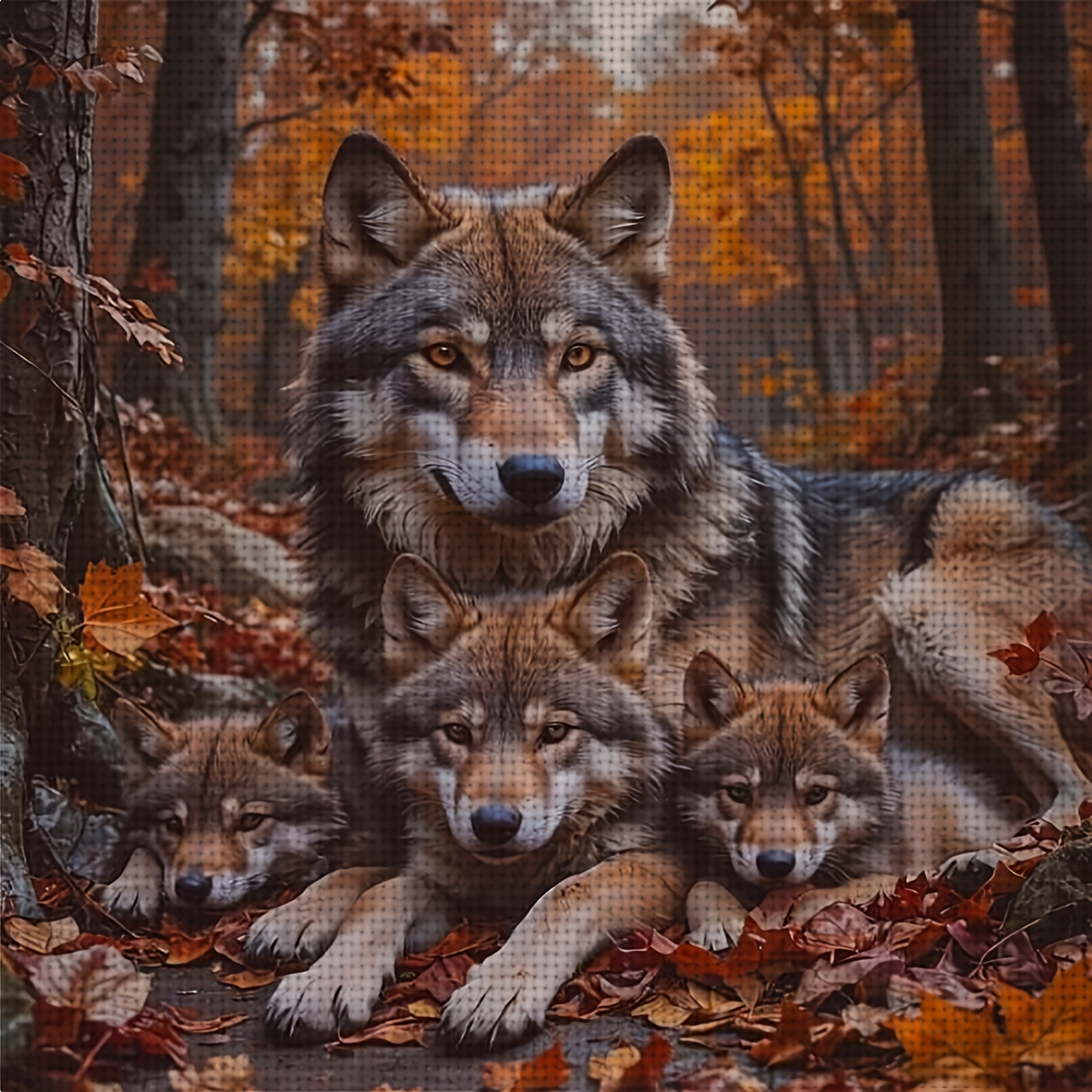 TEMU 1pc -level Cross- Embroidery Kit "autumn Forest Wolf Family", Cozy Small Pattern For Bedroom, Entryway Sofa Background Wall, Study Room
