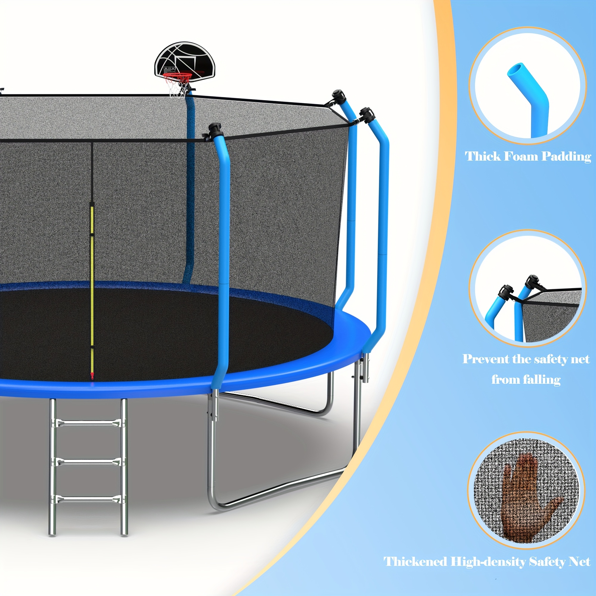 14ft/8ft Children's And Adult Recreational Trampolines, Outdoor Toy Trampolines with Basketball Hoops And Basketball, Backyard Trampolines with Ladders, Pumps, Fence Nets, Halloween Blue
