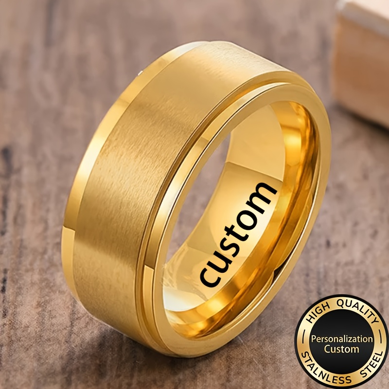 TEMU [customized] Custom Text Number Symbol Ring Elegant 8mm Stainless Steel 18k Gold Plated-plated Men's And Women's Ring - Smooth Beveled Edge,