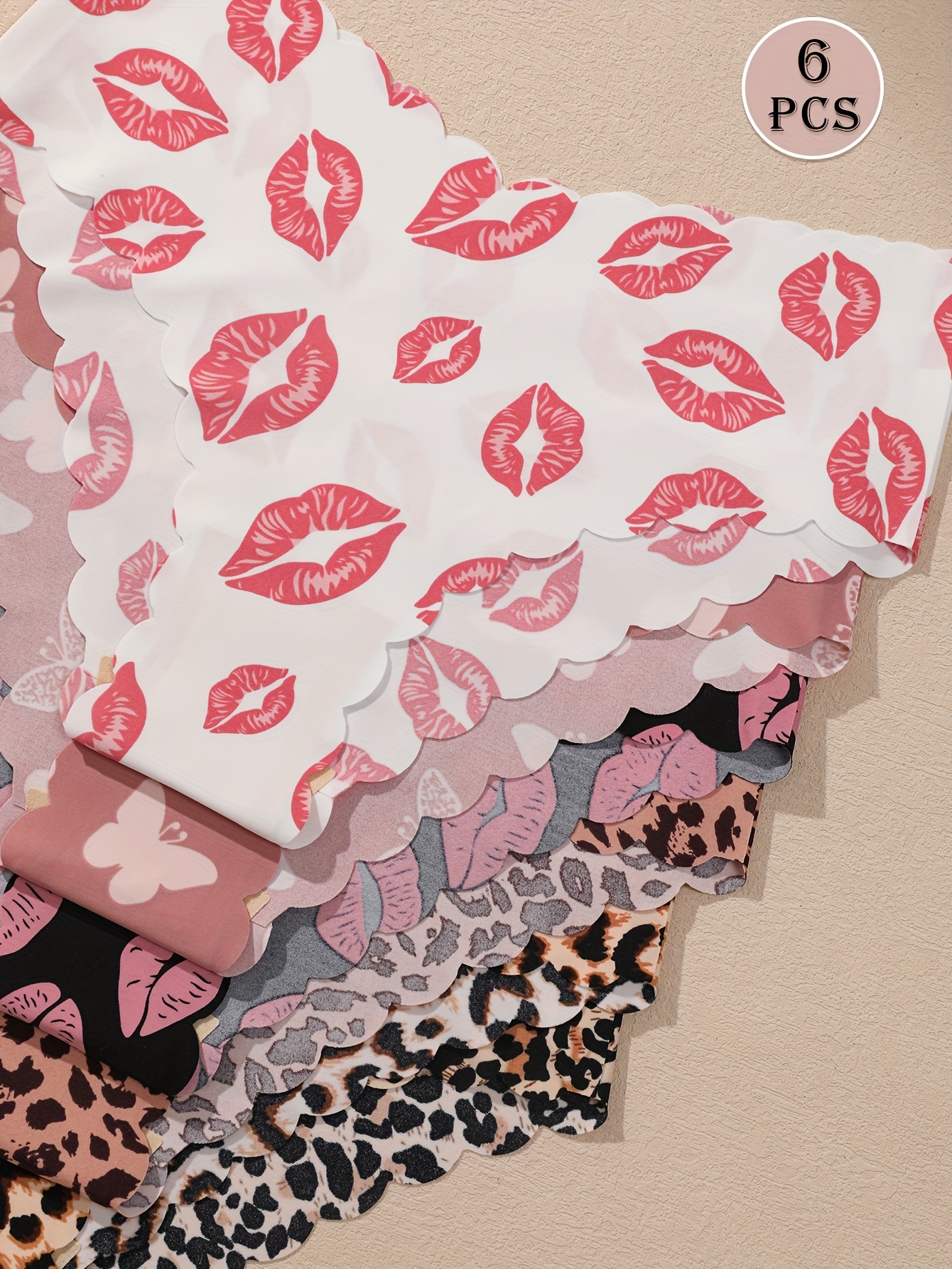 6pcs of Women'S Seamless Wave-Style Bikini Underwear - Soft And Comfortable Low-Rise Fashionable Lingerie, Available in Various Prints (Butterflies, Lips, Leopard Print, Etc.), with Fan-Shaped Edges, Smooth Fit, And Breathable Material