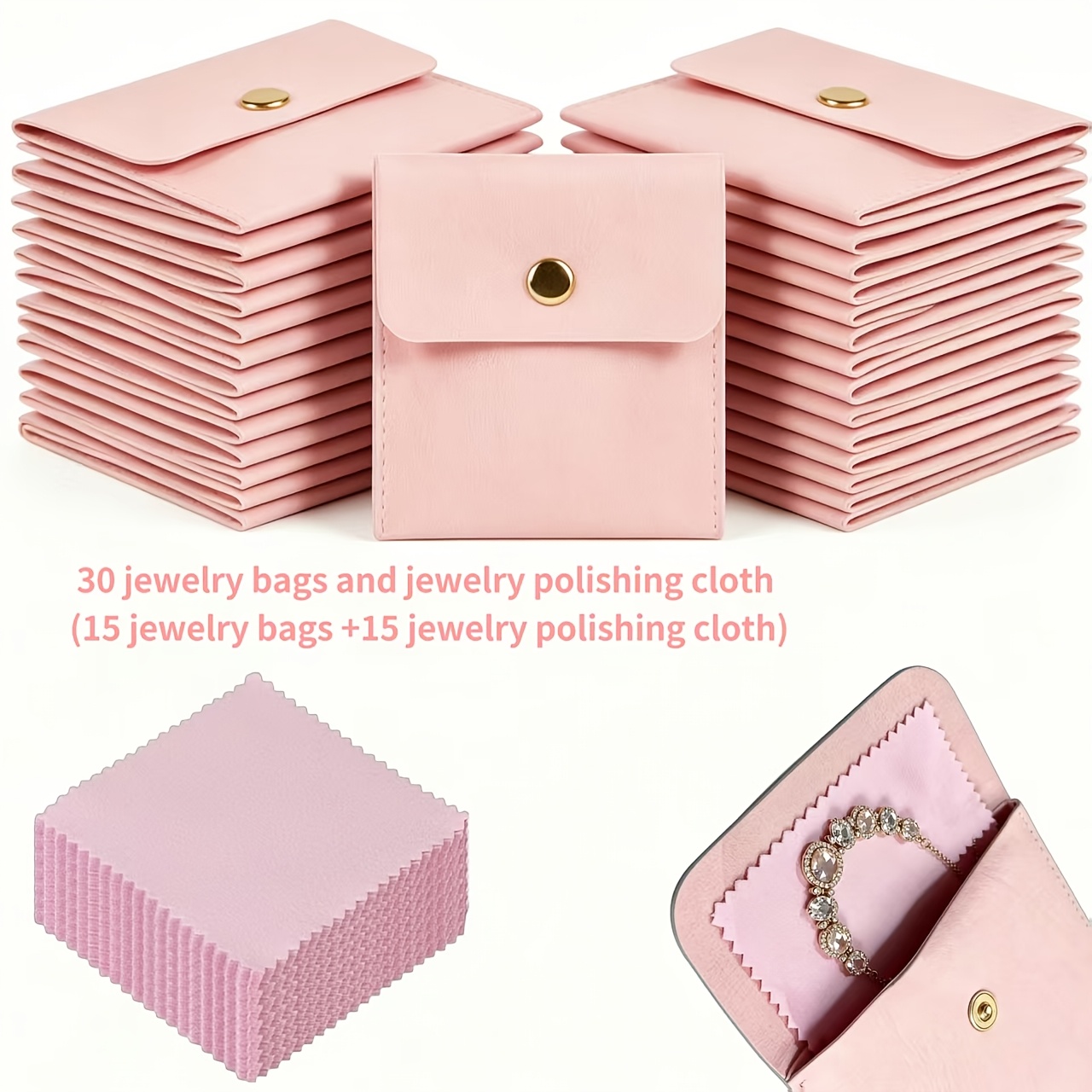 TEMU Lot de 30 pochettes à bijoux et chiffons de polissage - 15 pochettes à bijoux + 15 chiffons de polissage, sacs cadeaux pour bijoux, ensemble