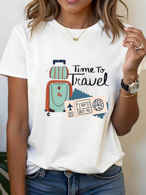 womens travel vintage luggage airplane print t shirt short sleeve crew neck casual blouse top suitable for spring summer outfits machine washable retro tee