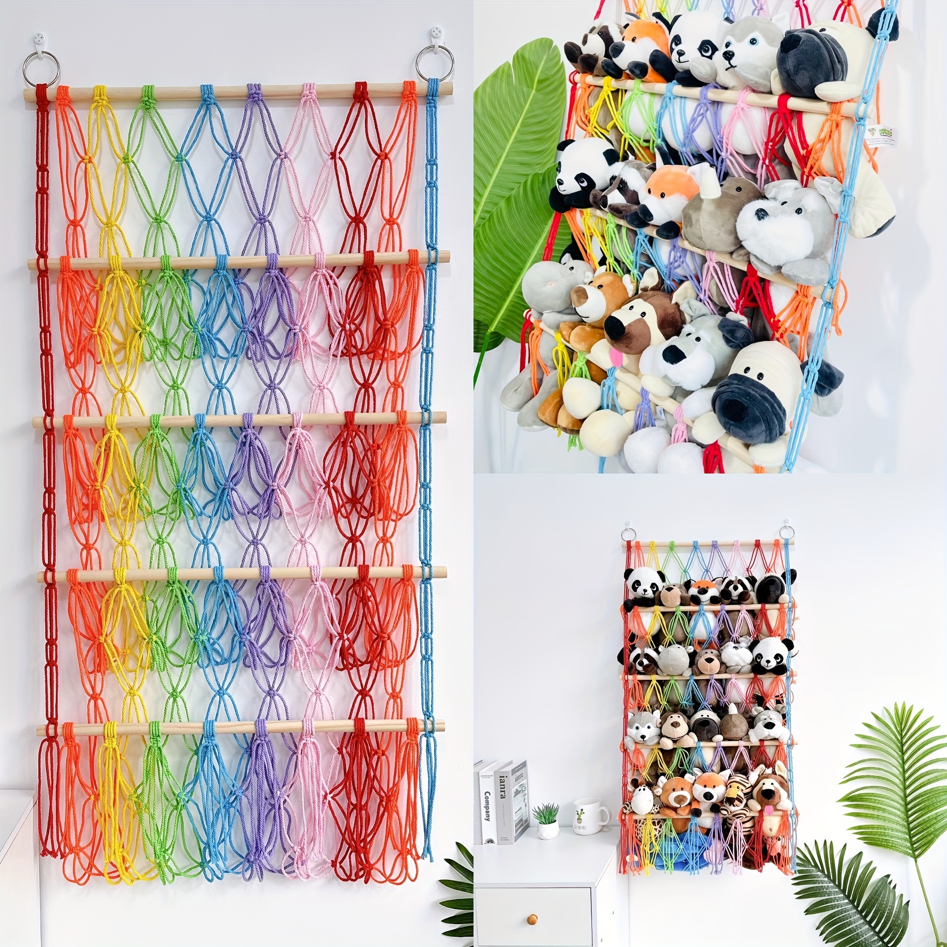 Filet De Rangement 4 Niveaux Pour Peluches - Suspension Bohème Avec Clips En Bois