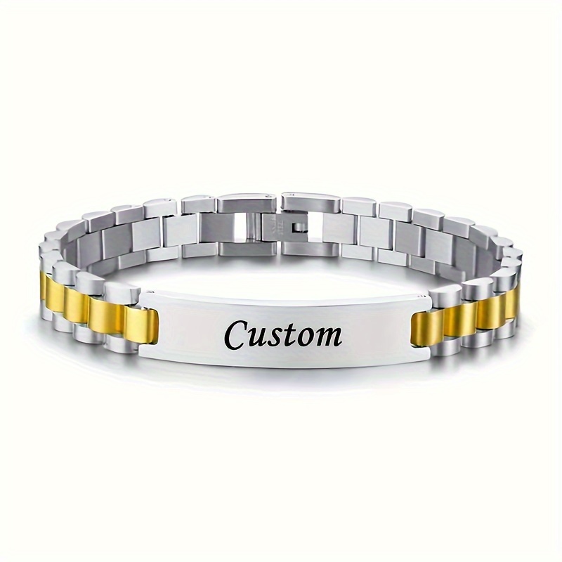 TEMU 1pc Personalized Stainless Steel Bracelet, Custom Engraved, Fashion Style, 18k Gold Plated, Magnetic Clasp, For Boyfriend Or Father On Father's Day