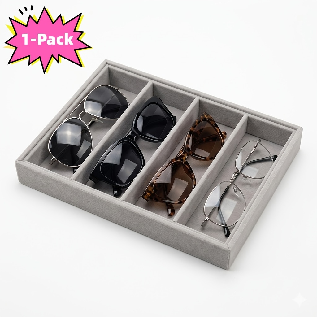 TEMU [Confezione da 1/2] Vassoio organizer per occhiali da velluto beige a 4 scomparti - Custodia impilabile per occhiali e organizer per cassetti -