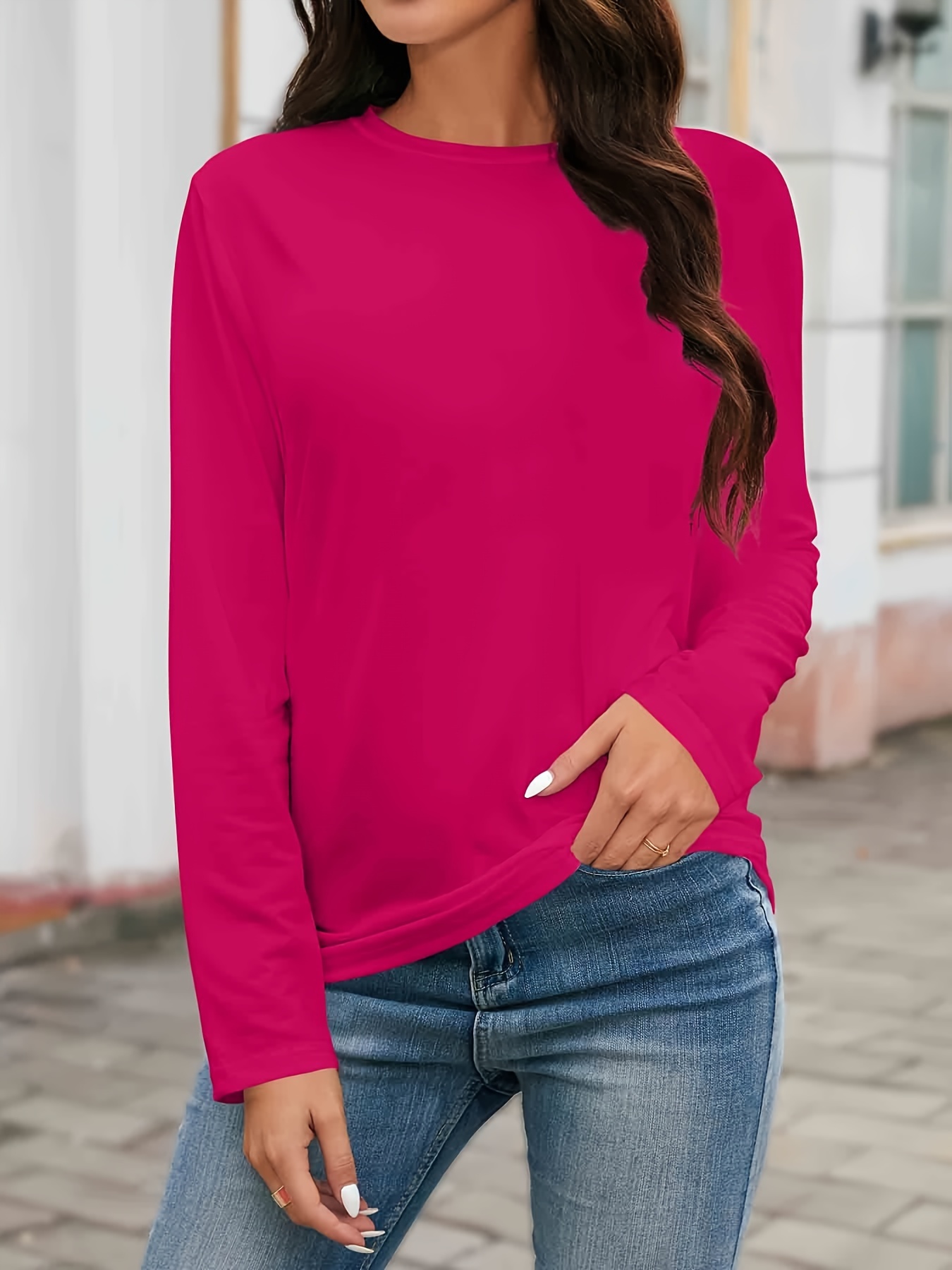 plus size simple solid t shirt casual crew neck long sleeve t shirt womens plus size clothing brick red 4