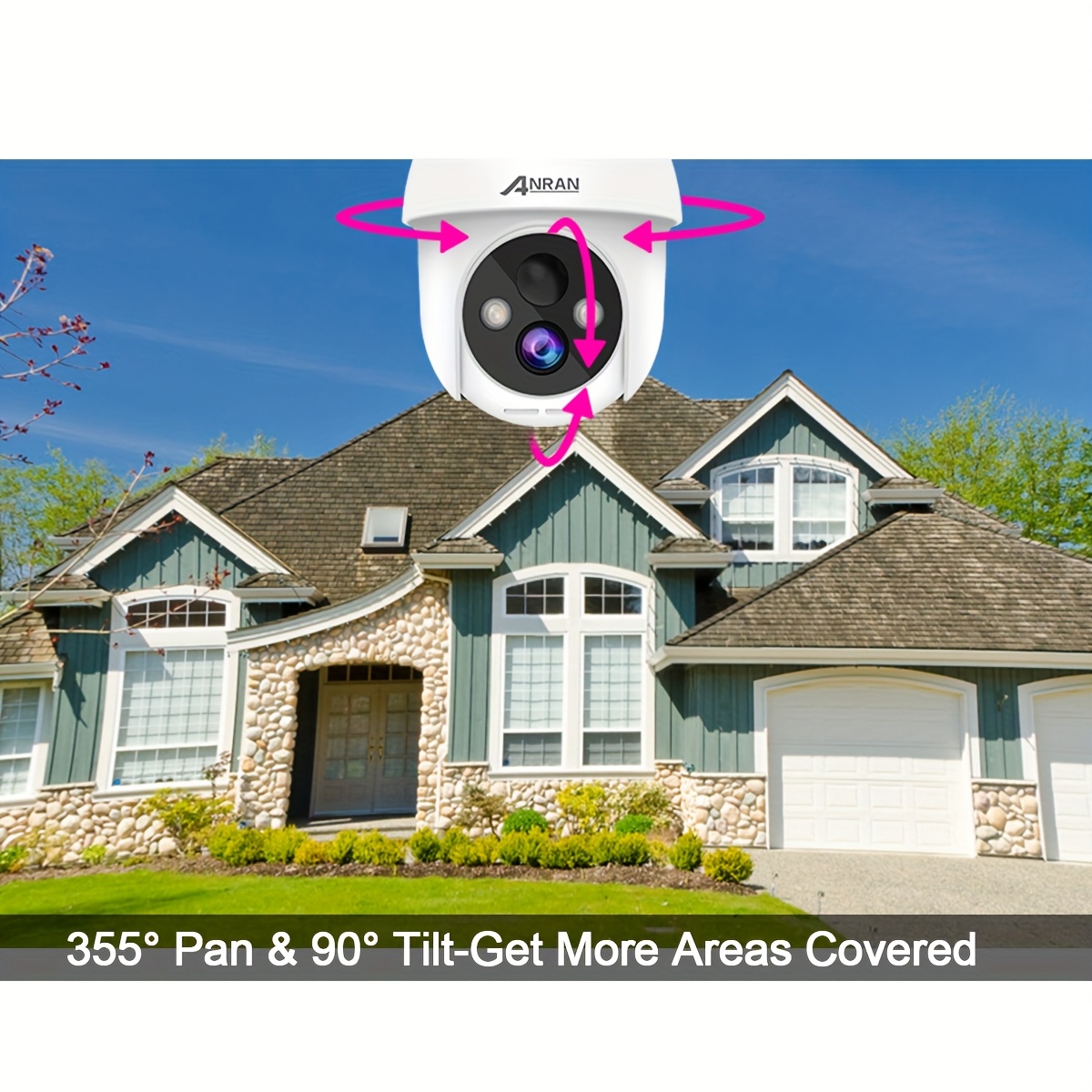 4pcs ANRAN Caméra Extérieure Sans Fil 1440p avec Panneau Solaire, Rotation PTZ 355°, Détection Humaine PIR, Fonctionne sur Batterie, Compatible Alexa, Étanche, Vision Nocturne Couleur