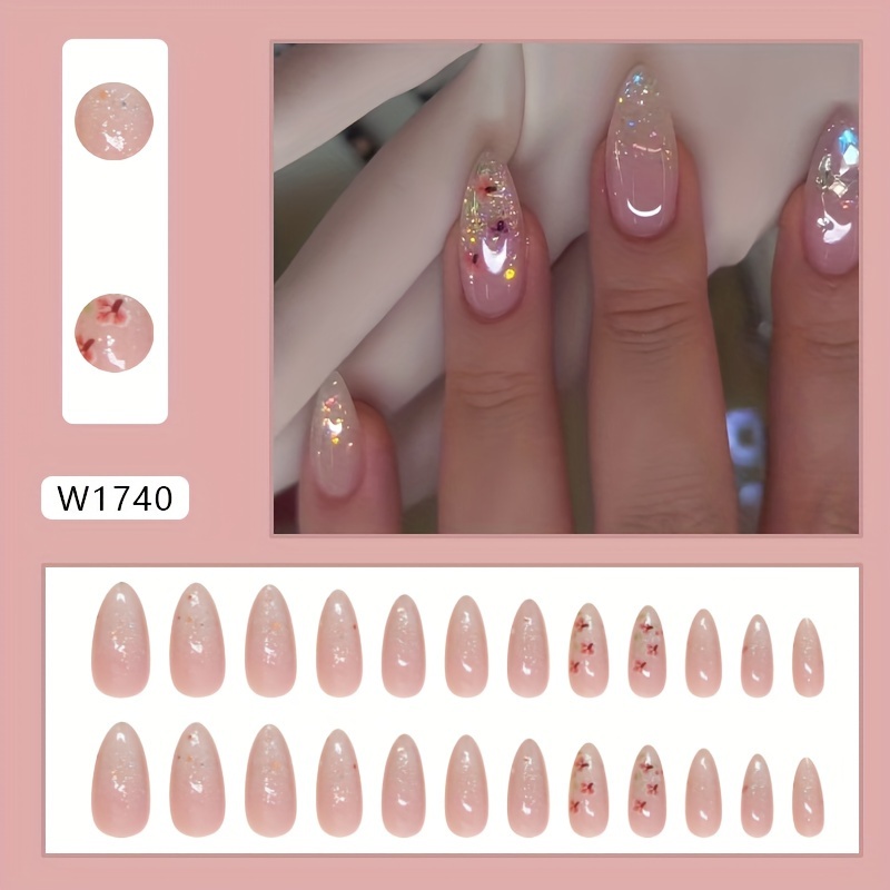Trade Press-on Nails, Peach Fine Glitter Detachable Nail Tips, Gradient Nail Stickers, 24pcs With Jelly Glue