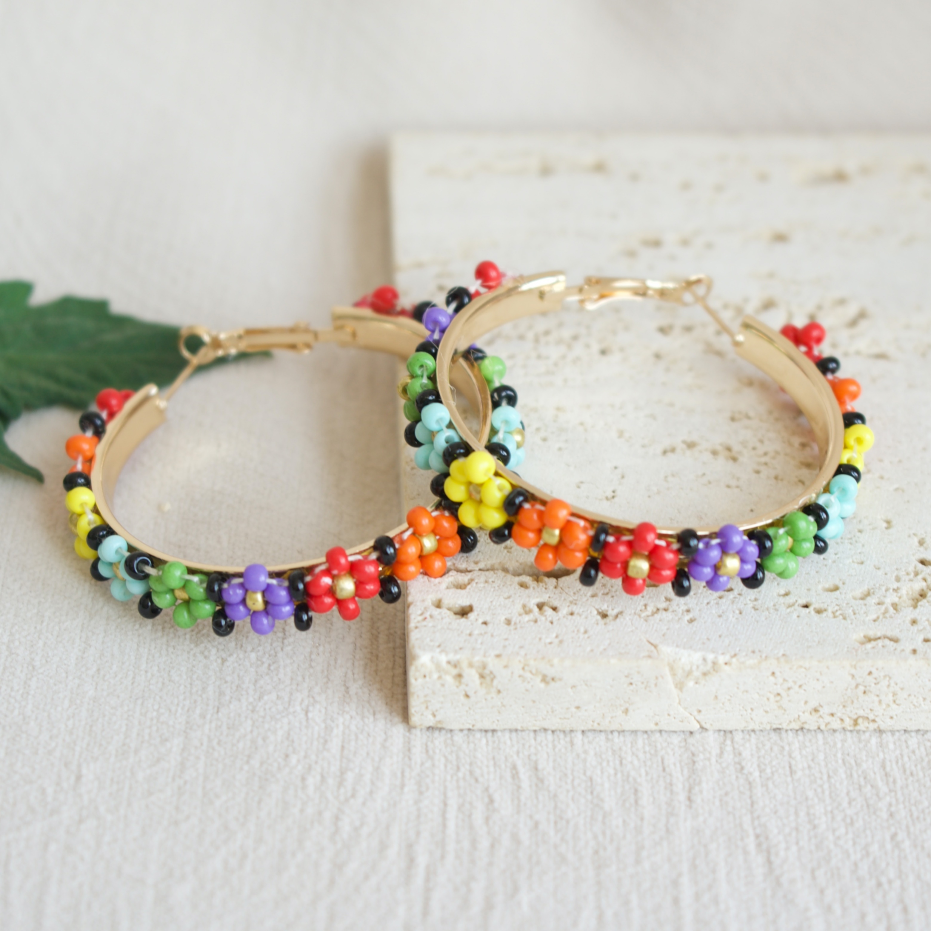 Boho Beaded Hoop Earrings Set, Handwoven Flower Ear Needle