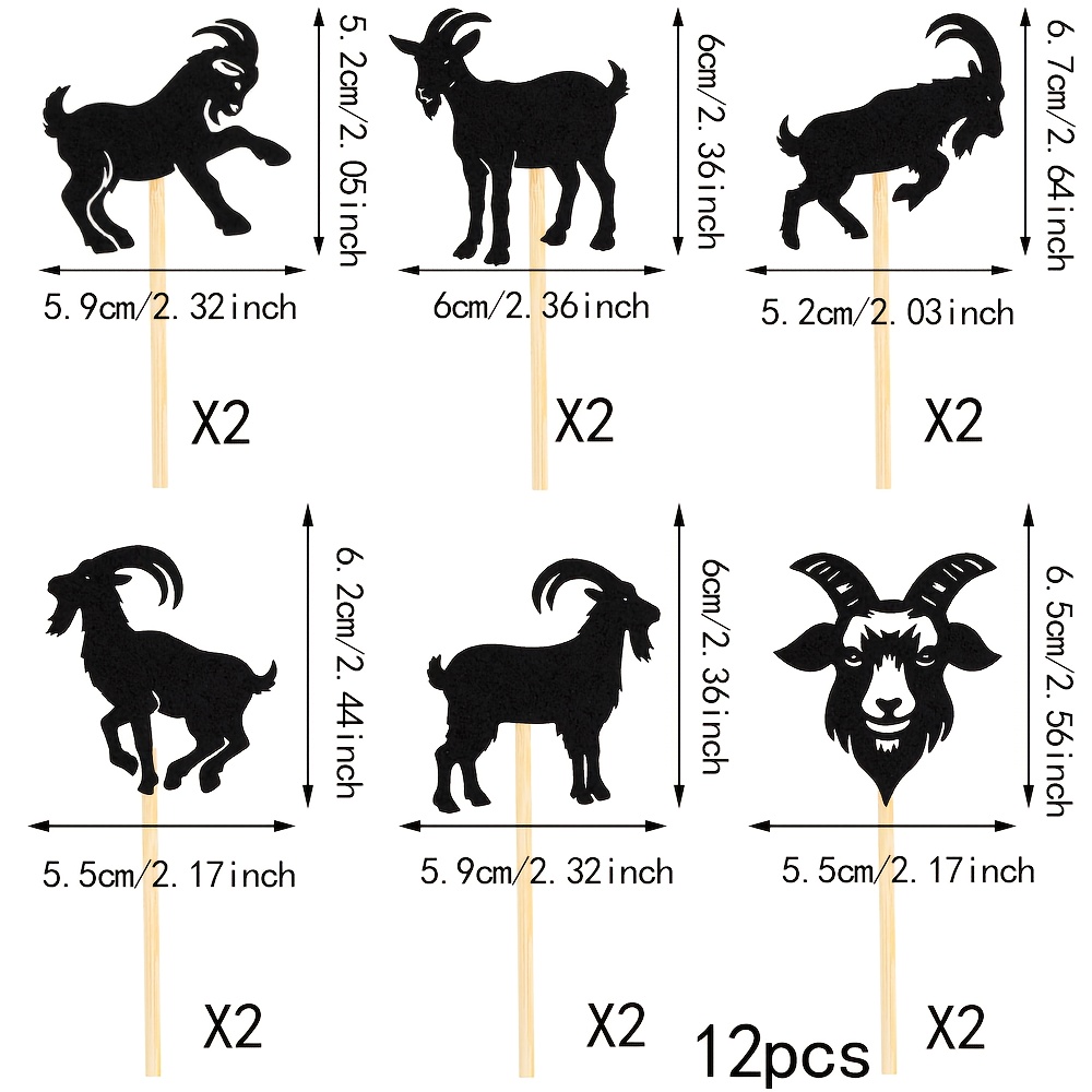 12pcs Black Goat Cake Topper - Whimsical Animal-themed Birthday Party Decorations, Bamboo Material, No Electricity Needed, Perfect For Cupcakes & Desserts, Birthday Party Decorations