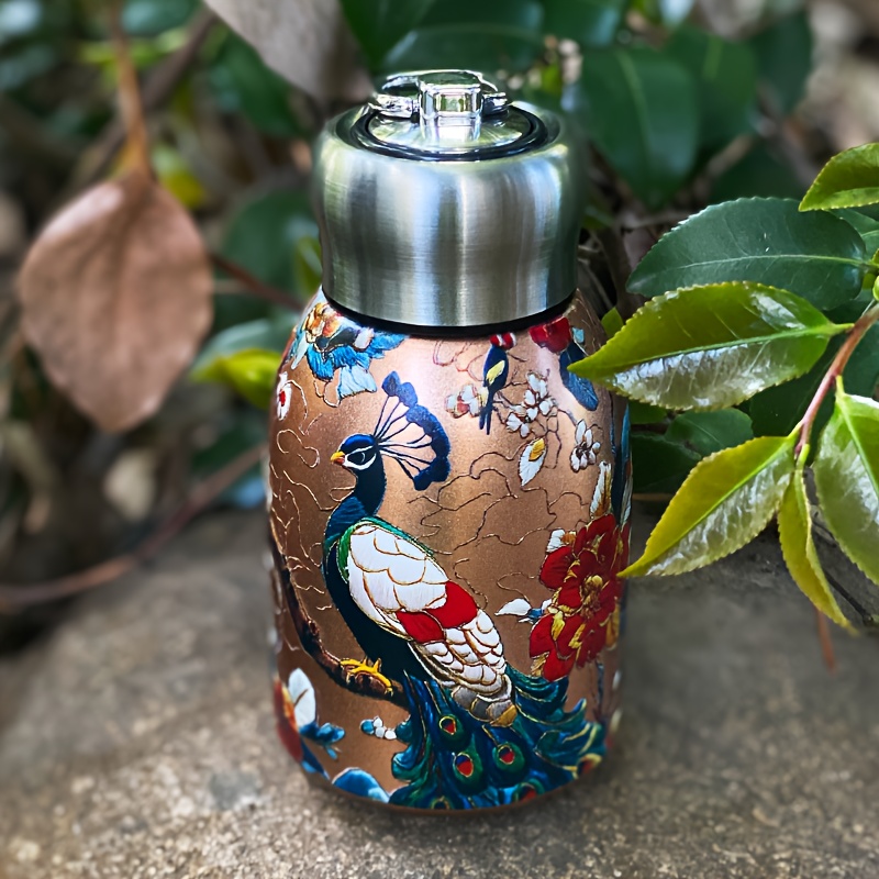 TEMU Peacock Pattern Mini Chubby 304 Stainless Steel Vacuum Insulated Water Cup, Portable Carry Ring Tumbler, Leak-proof Travel Cup, 10 Ounce