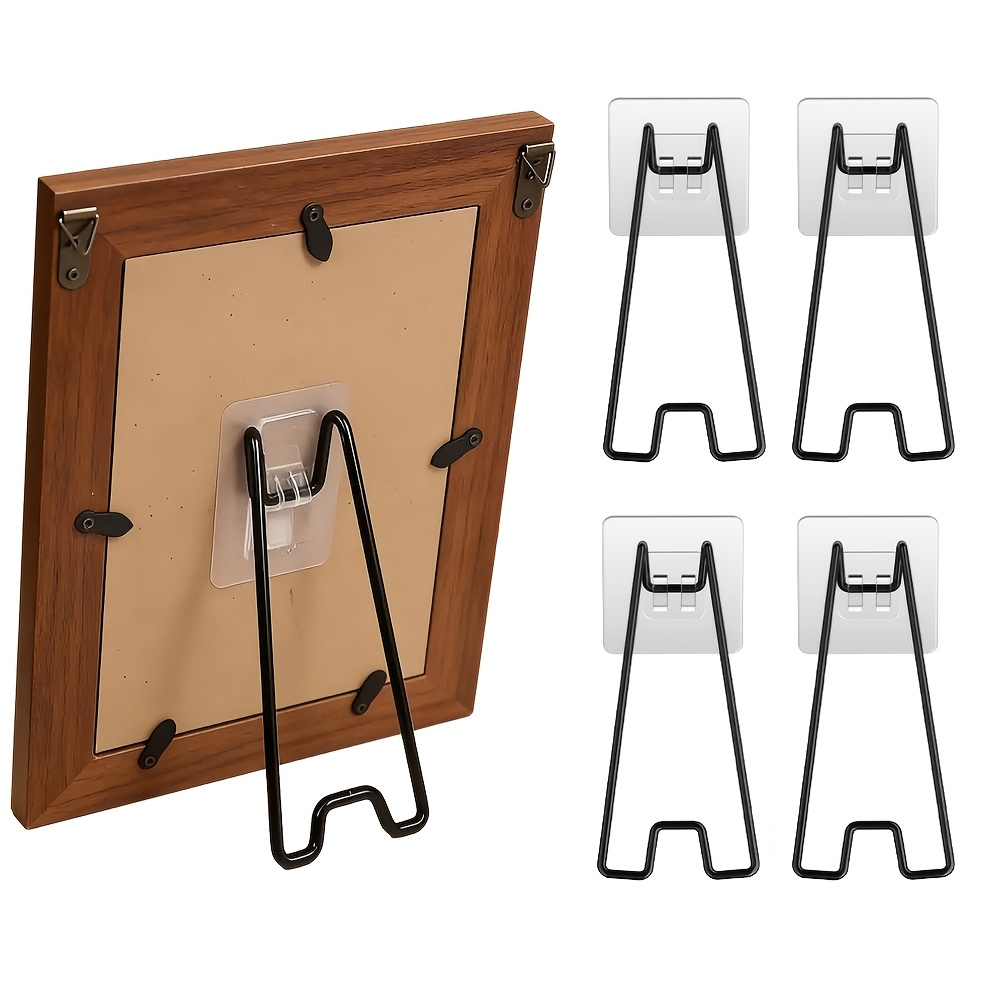 TEMU 8pcs Self Adhesive Picture Frame Holders (includes 4 Stands And 4 Adhesive), No Drill Metal Photo Frame Stand, Adjustable Angle, For Photos,