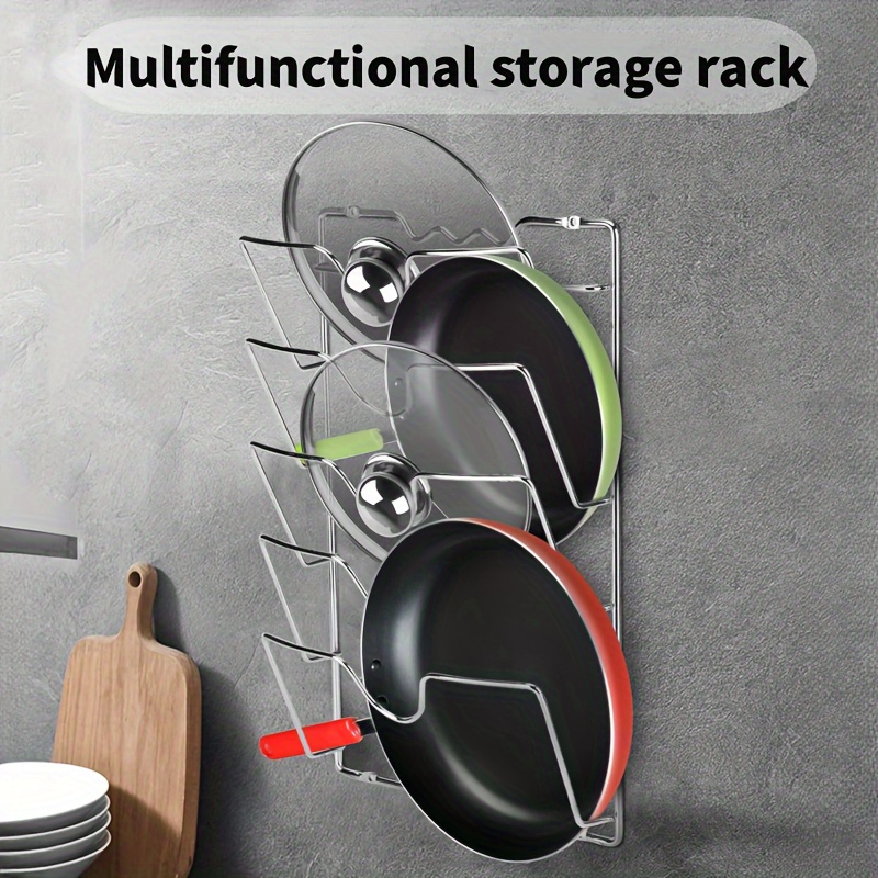 

1pc Stainless Steel Pot Lid Organizer, Wall & Cabinet Mounted Skillet Rack With 5 Compartments For Kitchen Storage, Space-saving Hanging Pot And Cutting Board Holder, Cookware Organizer